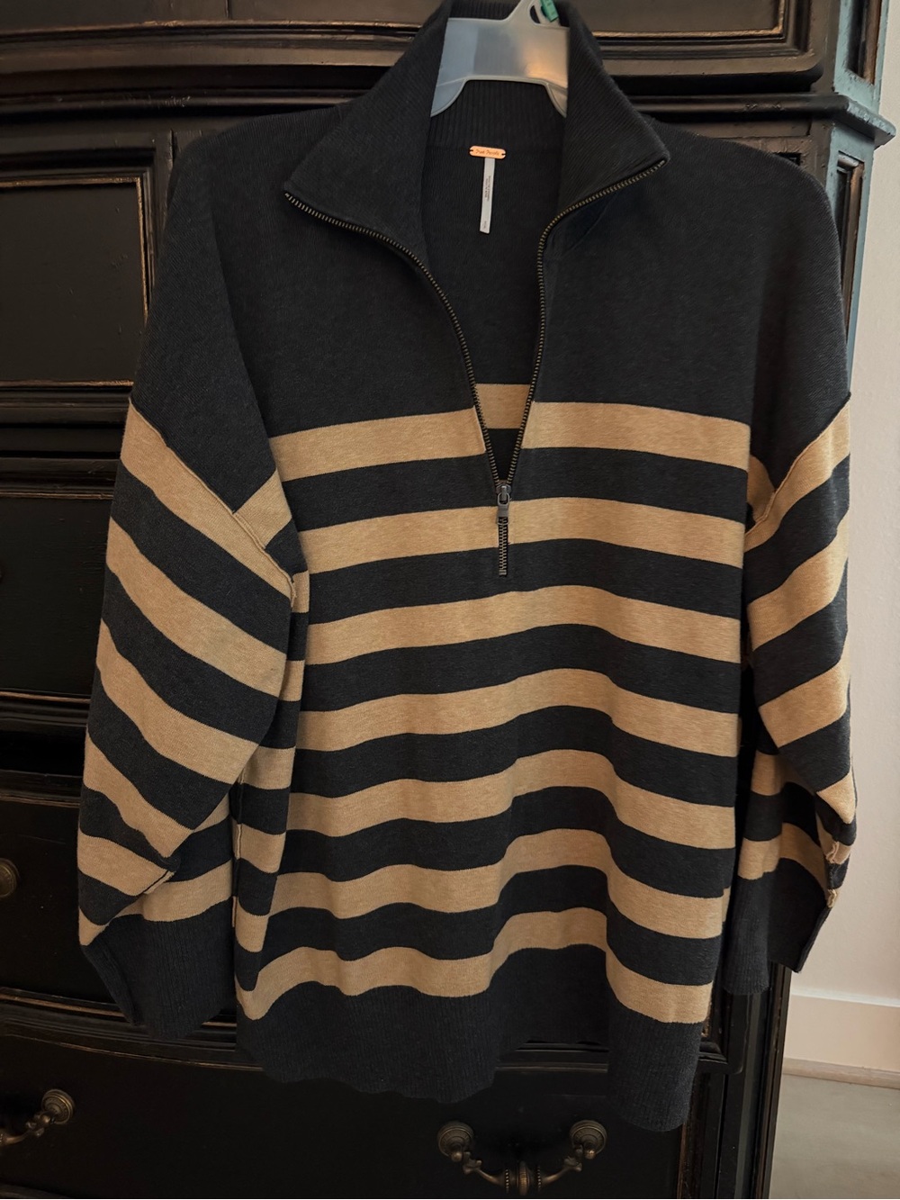 Free People Men's Half-Zip Striped Sweater in Black & Tan